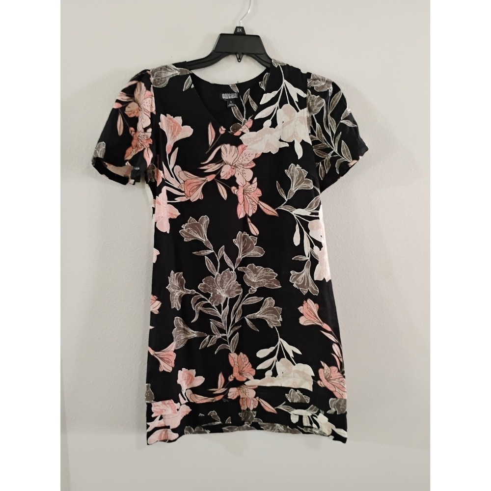 Nicole Miller Original Black Pink Floral V-Neck Short Sleeve Shift Dress Small